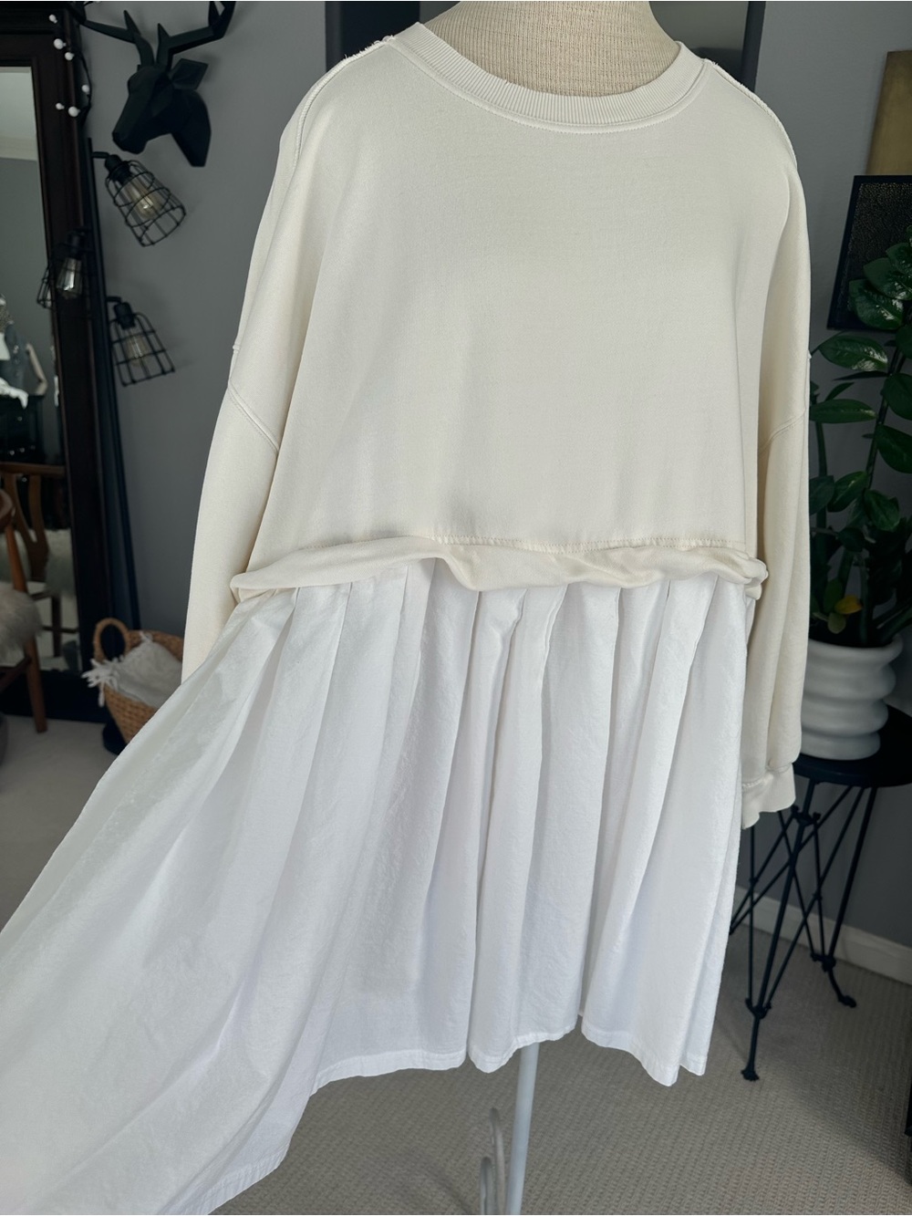 Free People Cream Sweatshirt Tunic with White Peplum, size large